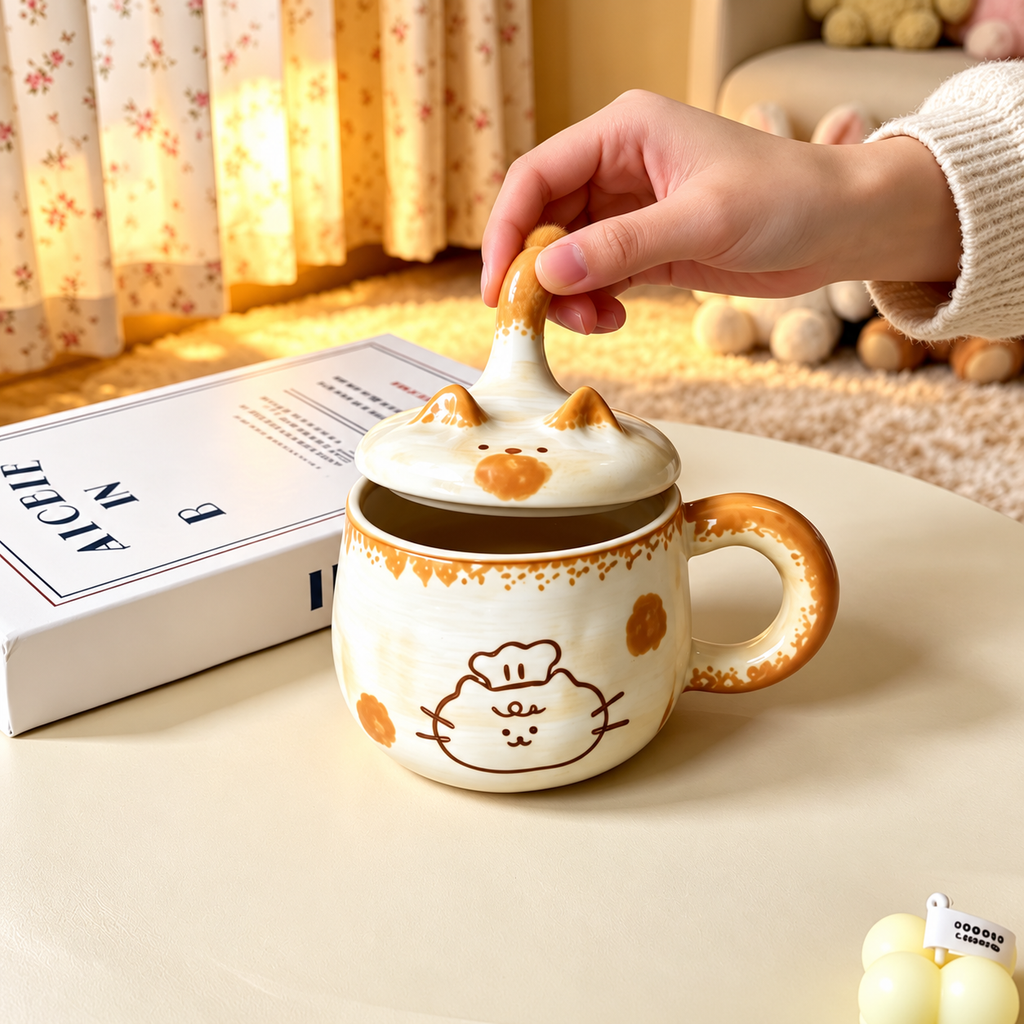 Hand lifting the cat-tail lid from the Chef Cat ceramic mug.