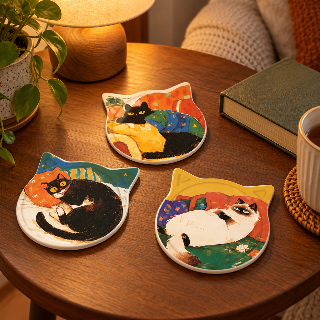 Black-cat and colorpoint-cat coaster designs on a warmly lit evening side table.