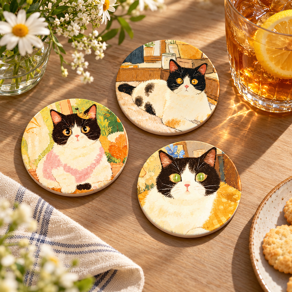 Three painterly cat coasters beside flowers and an iced drink.