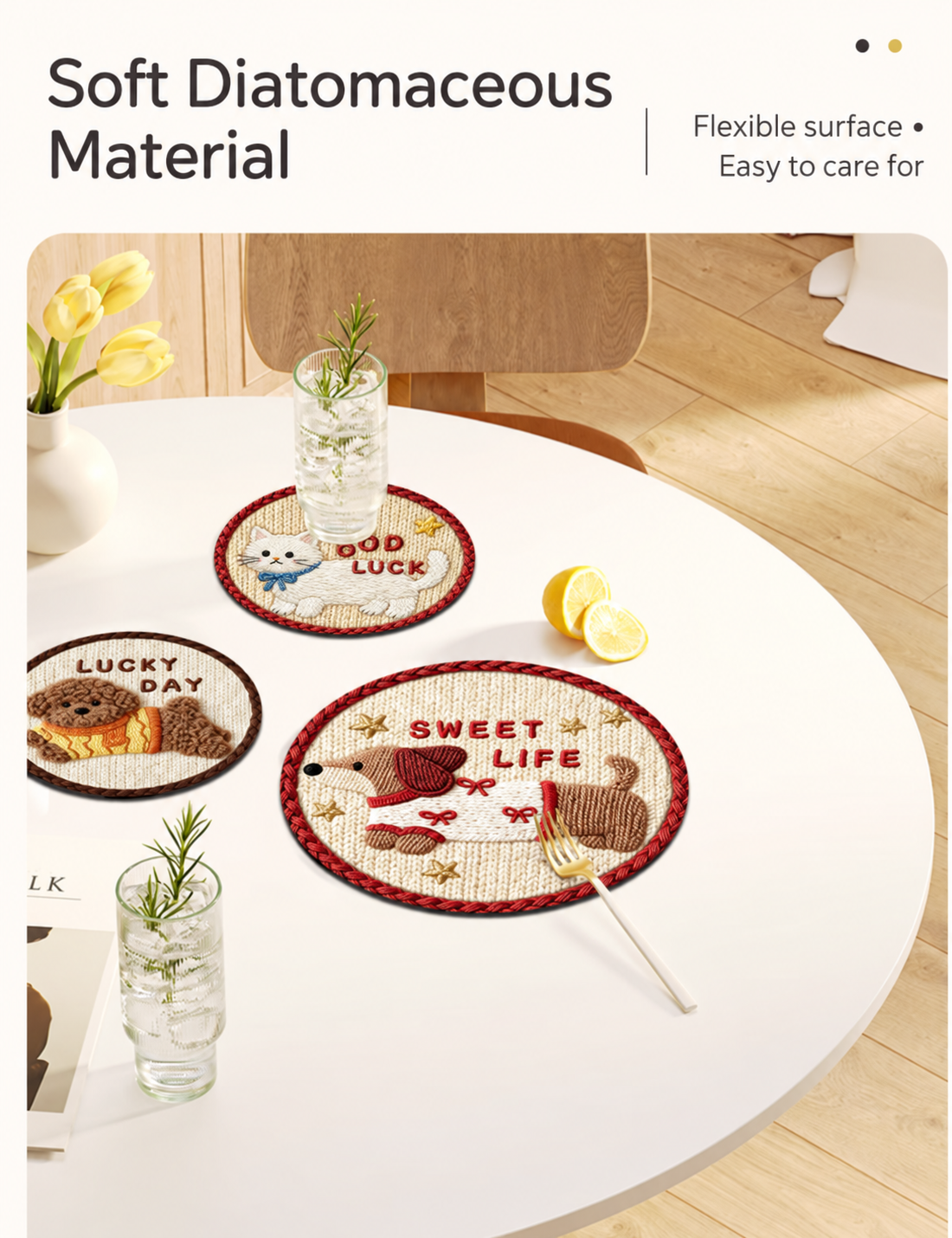 Soft flexible diatomaceous coaster material with printed animal designs.