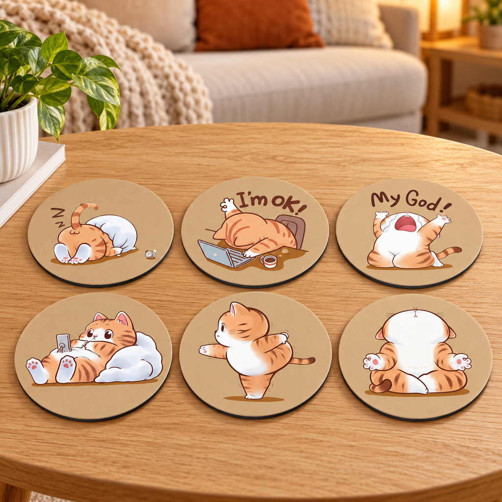 Complete set of six orange-cat coasters on a wooden coffee table.