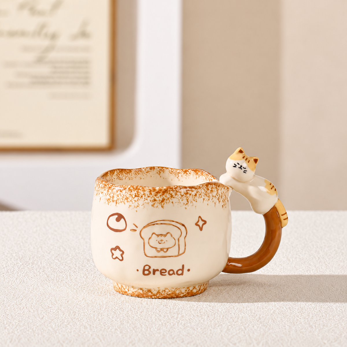 Bread ceramic cat mug with a toast illustration and sculpted cat handle.