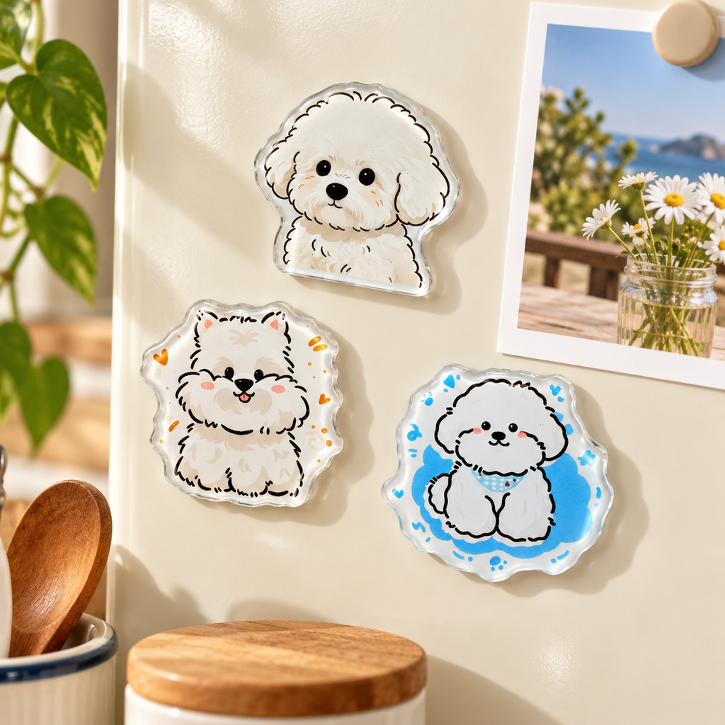 All three puppy magnet styles displayed together in a cozy kitchen