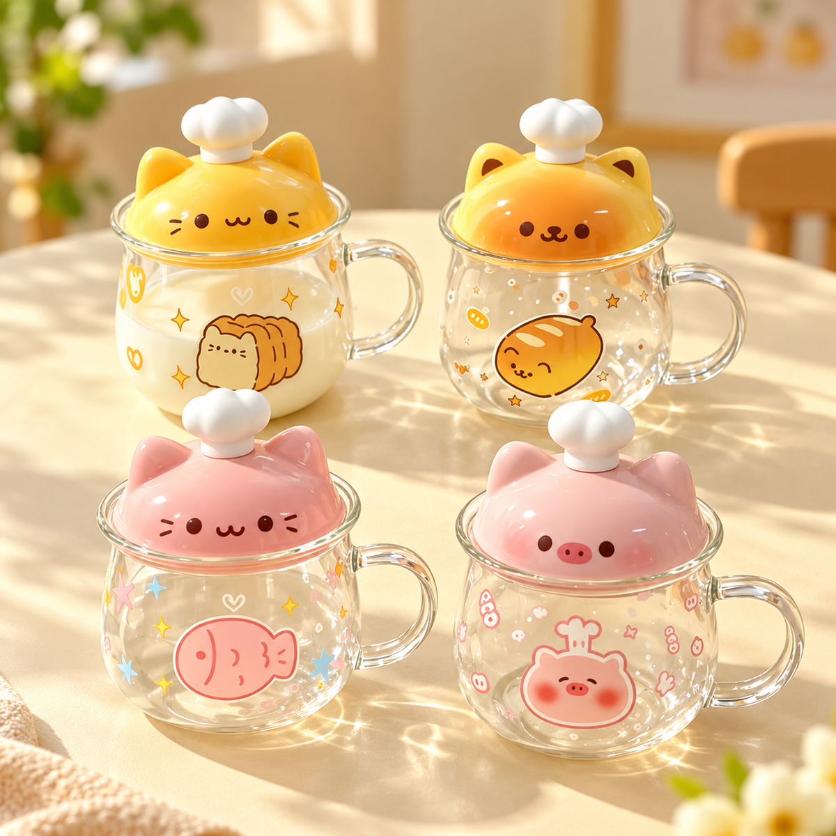 All four Cat Chef glass mug designs displayed together on a sunlit breakfast table.