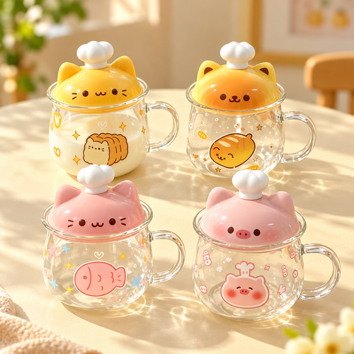 All four Cat Chef glass mug designs displayed together on a sunlit breakfast table.