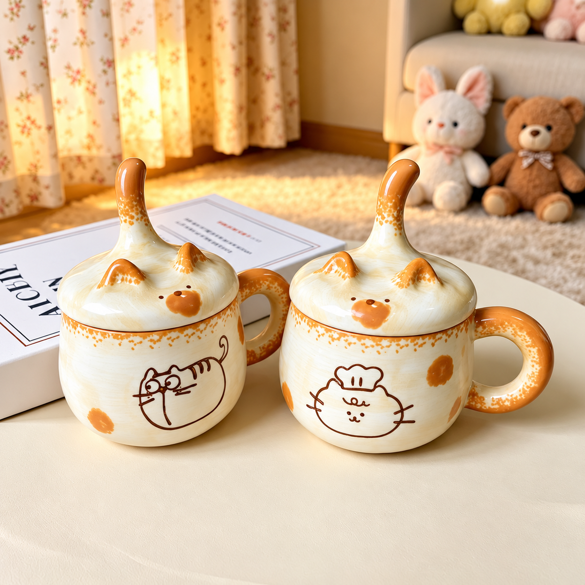 Round Cat and Chef Cat mugs displayed together with their lids.