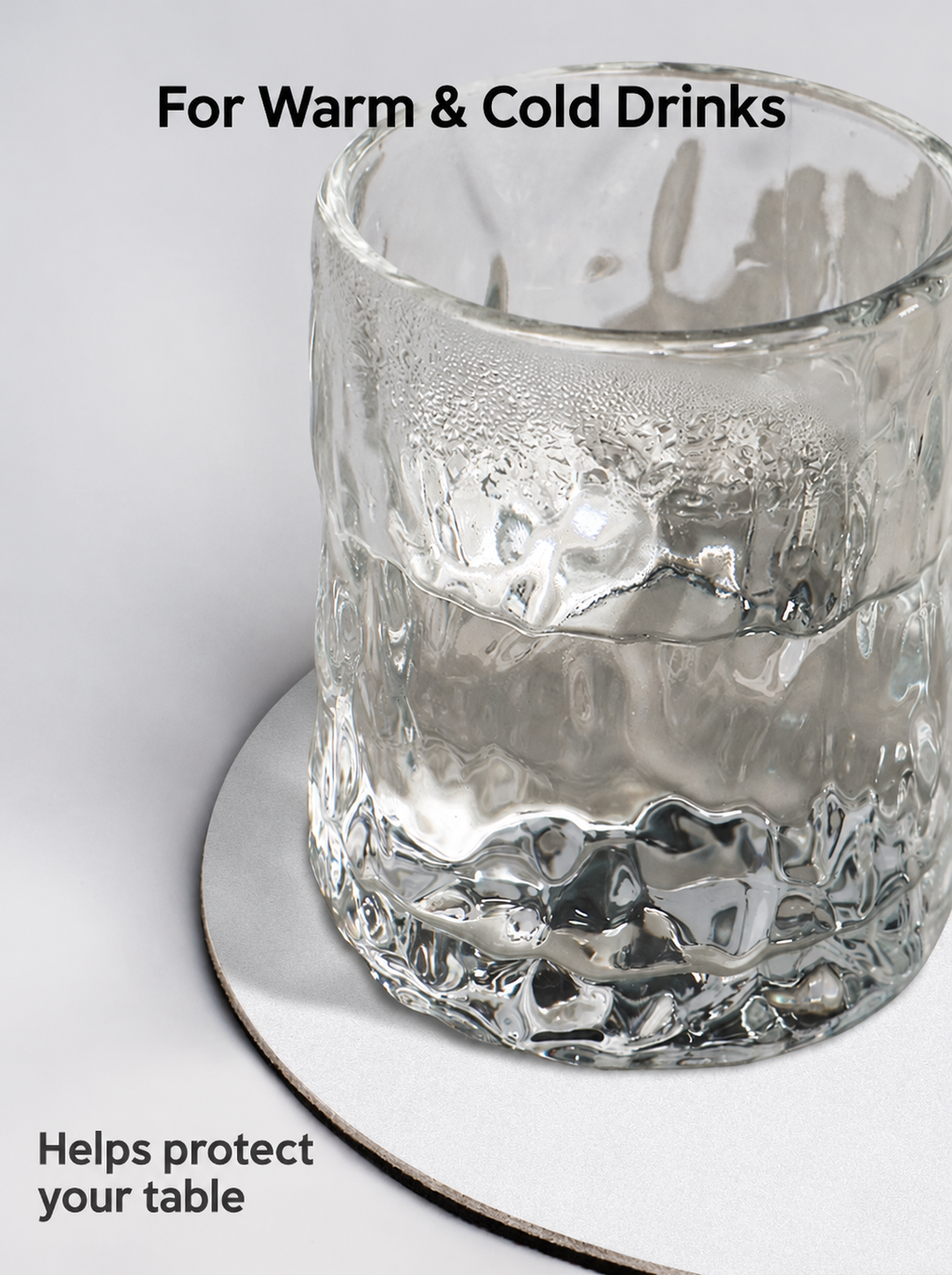 Coaster beneath a glass for warm and cold drinks.