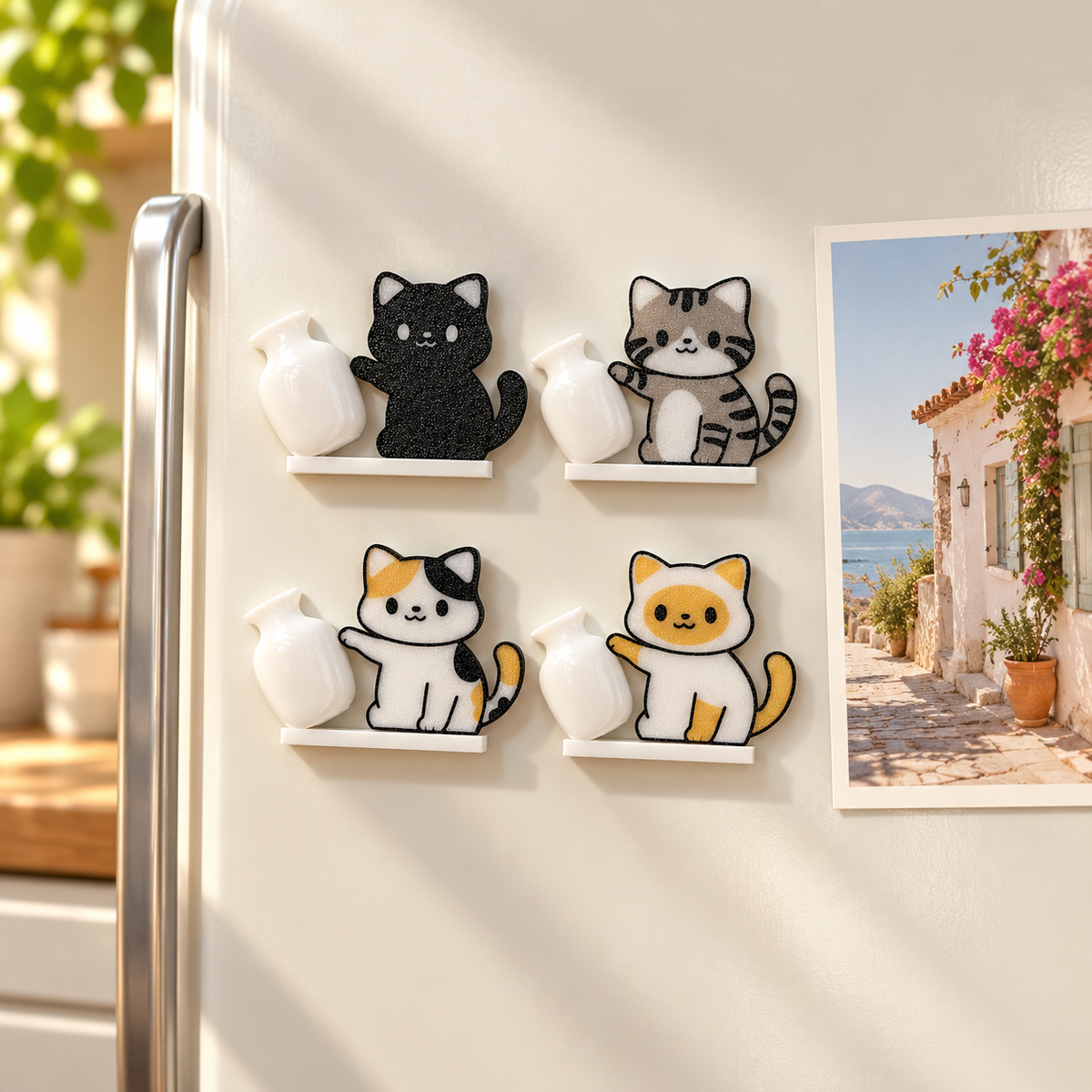 All four Mischievous Cat Vase magnet styles—Black Cat, Gray Tabby, Calico Cat and Cream Cat—with white vases on a cream kitchen refrigerator.