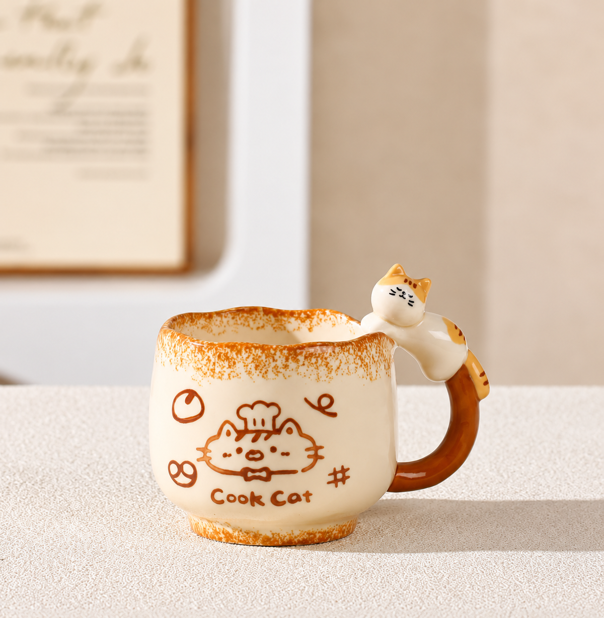 Cook Cat ceramic mug with chef cat illustration and sculpted cat handle.