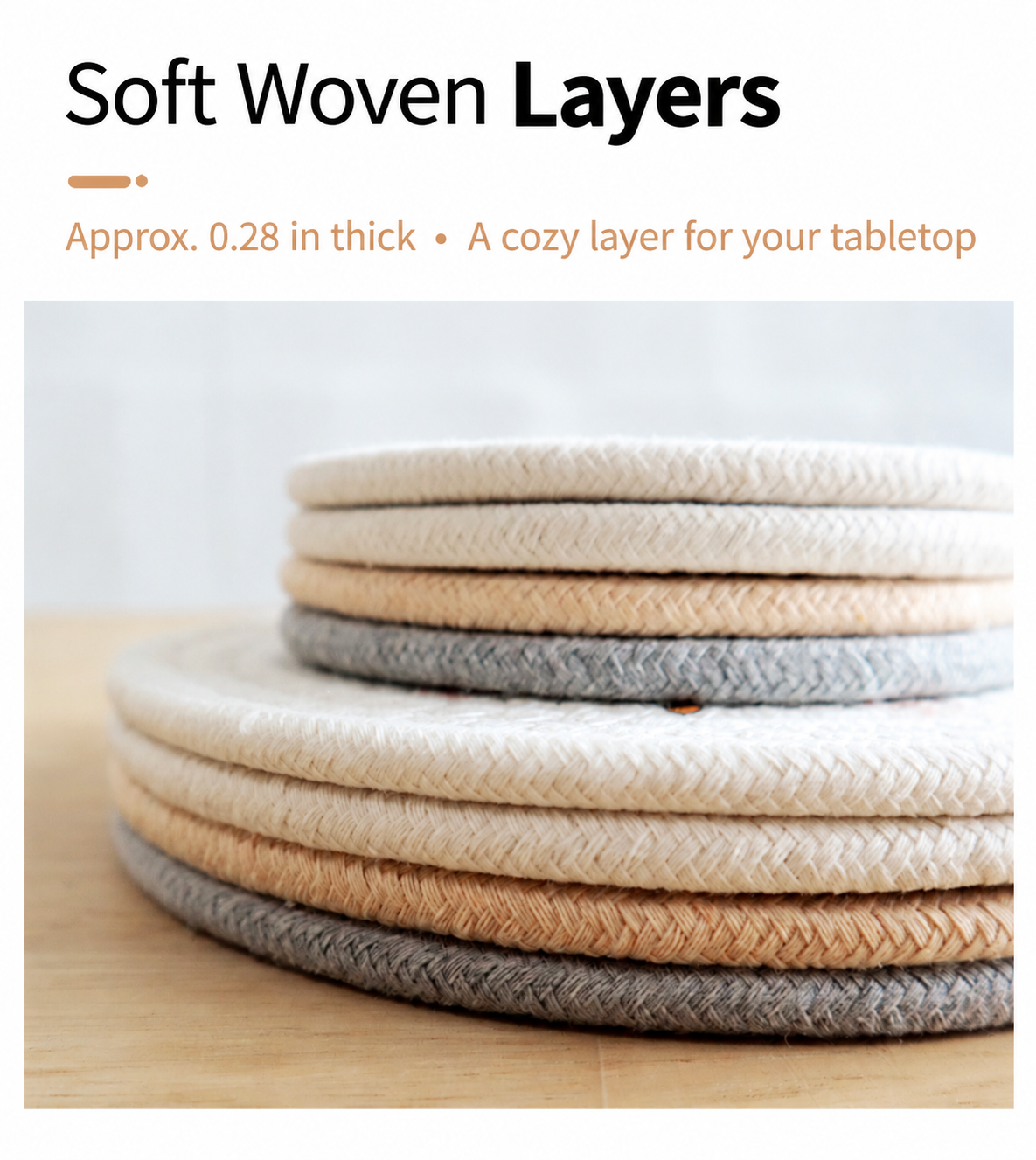 Woven rope coasters stacked to show their approximately 0.28 inch thickness.