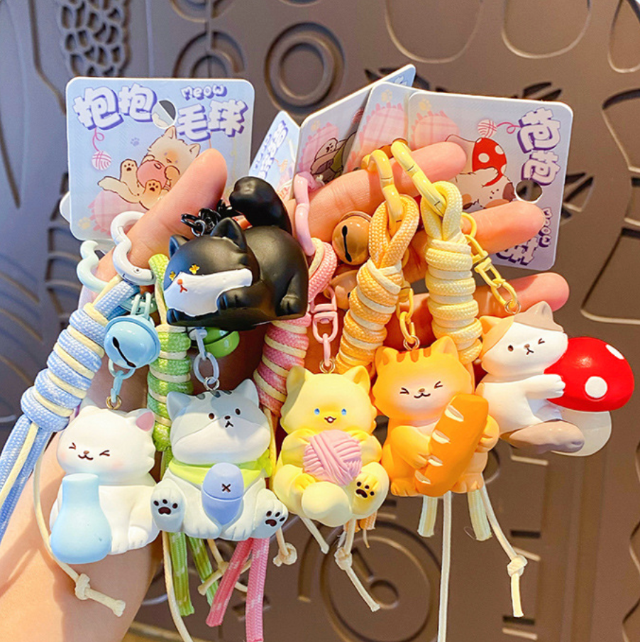 Kitty Hugs – Cat Keychains with Rope Strap & Bell | 6 Styles