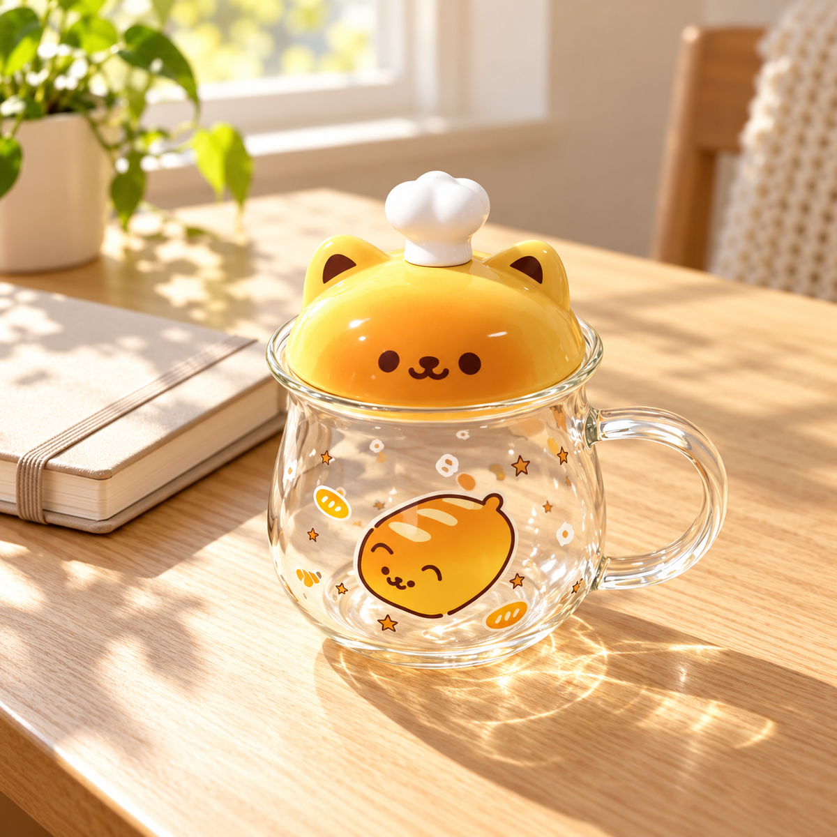 Orange Cat glass mug with chef-hat lid on a light oak desk.