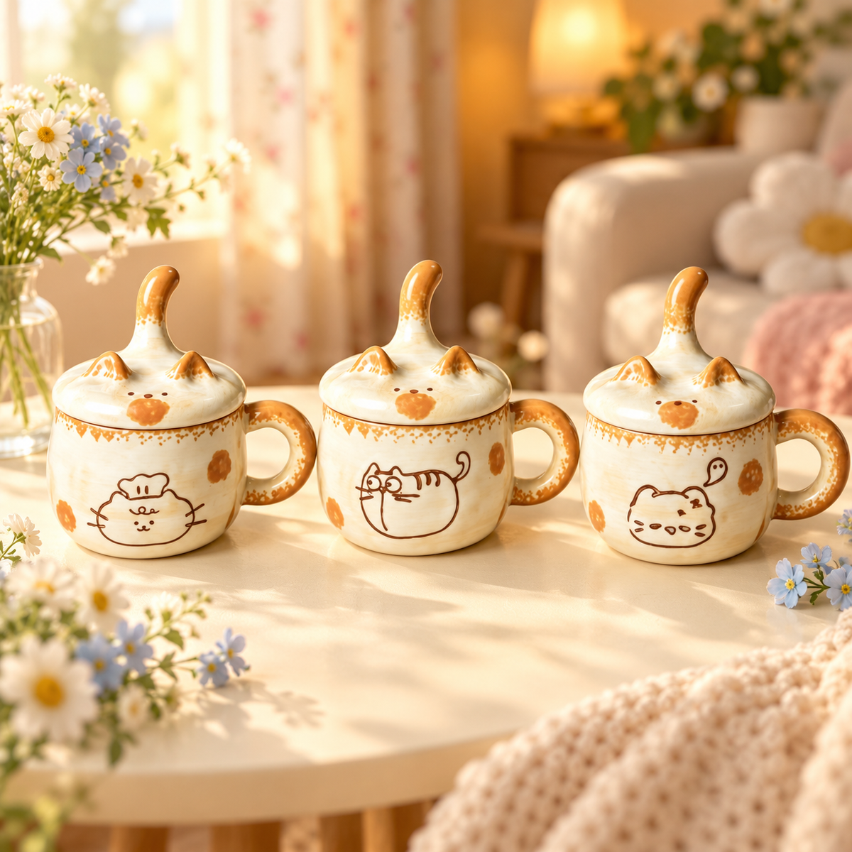 All three Cat Tail Cozy designs together: Chef Cat, Round Cat and Sleepy Cat, each with a matching lid.