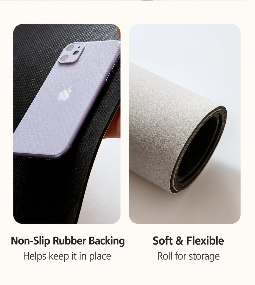Non-slip rubber backing and flexible rolled coaster material.
