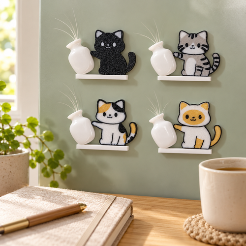 All four cat magnet styles with white vases holding naturally shed whiskers on a sage magnetic board in a cozy keepsake corner.