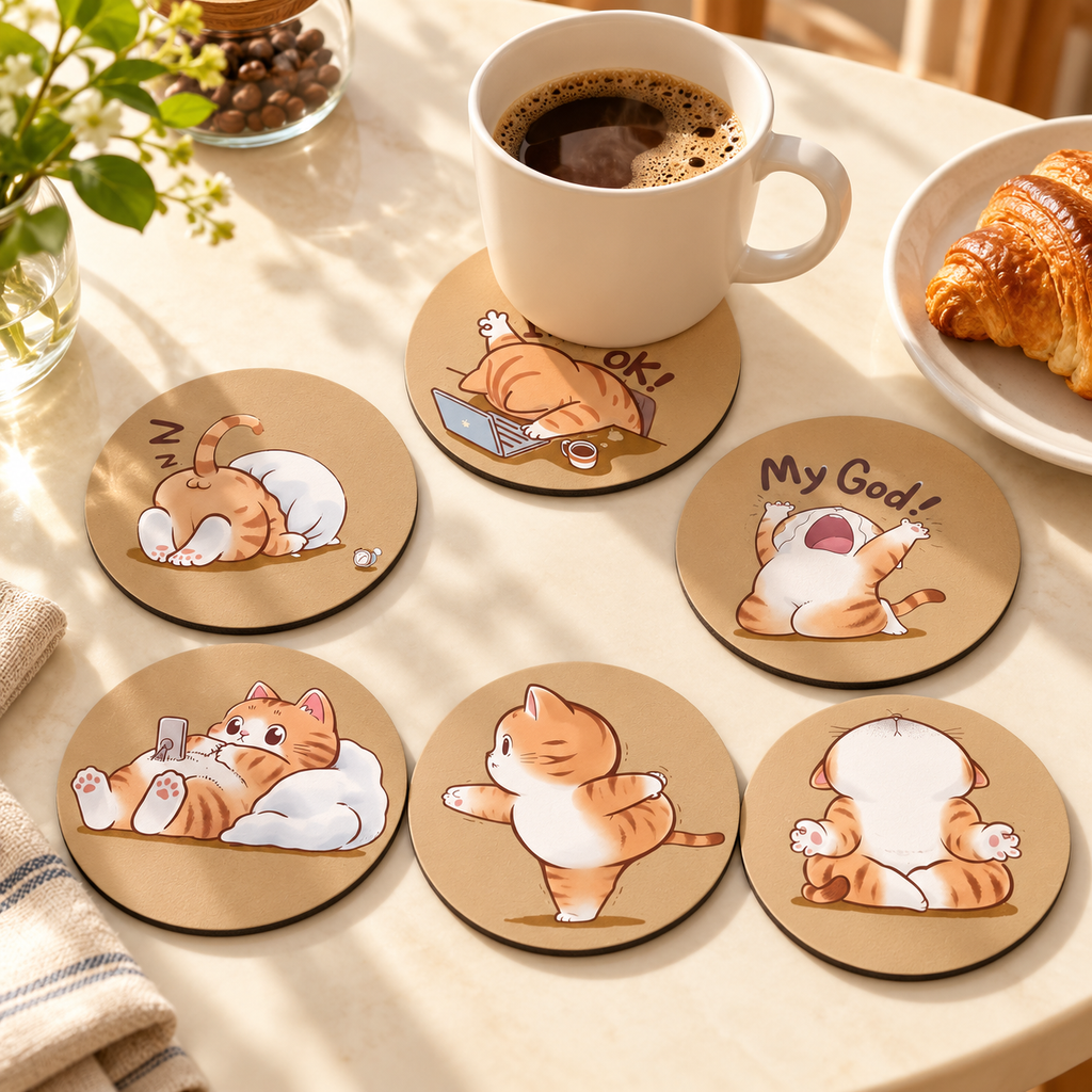 Six-piece orange-cat coaster set styled with coffee at breakfast.