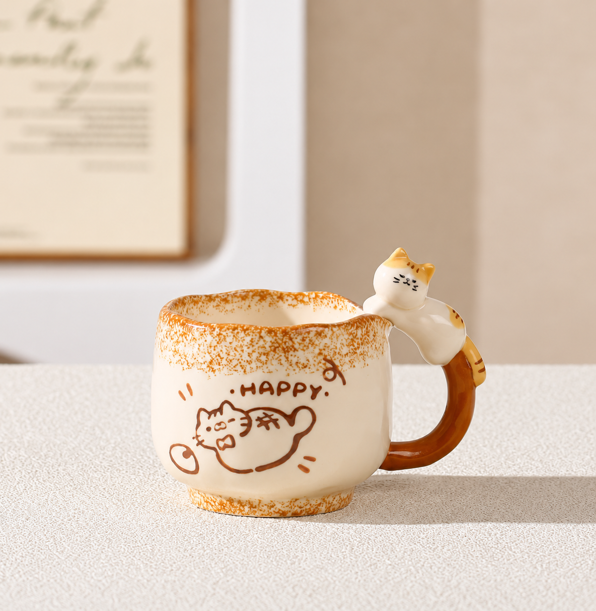 Happy ceramic cat mug with playful cat illustration and speckled glaze.
