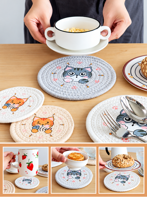 Cat rope coasters styled with mugs, bowls and small plates.