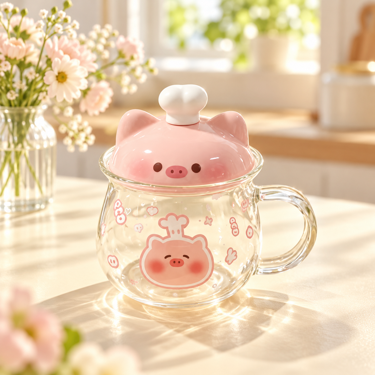 Pink Pig glass mug with chef-hat lid on a cream kitchen table.