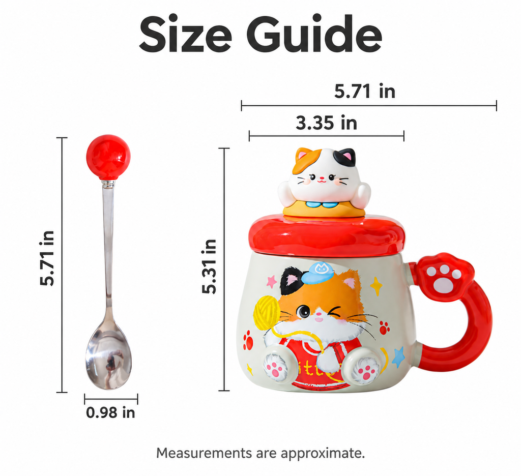 Cat mug and spoon size guide with measurements in inches.