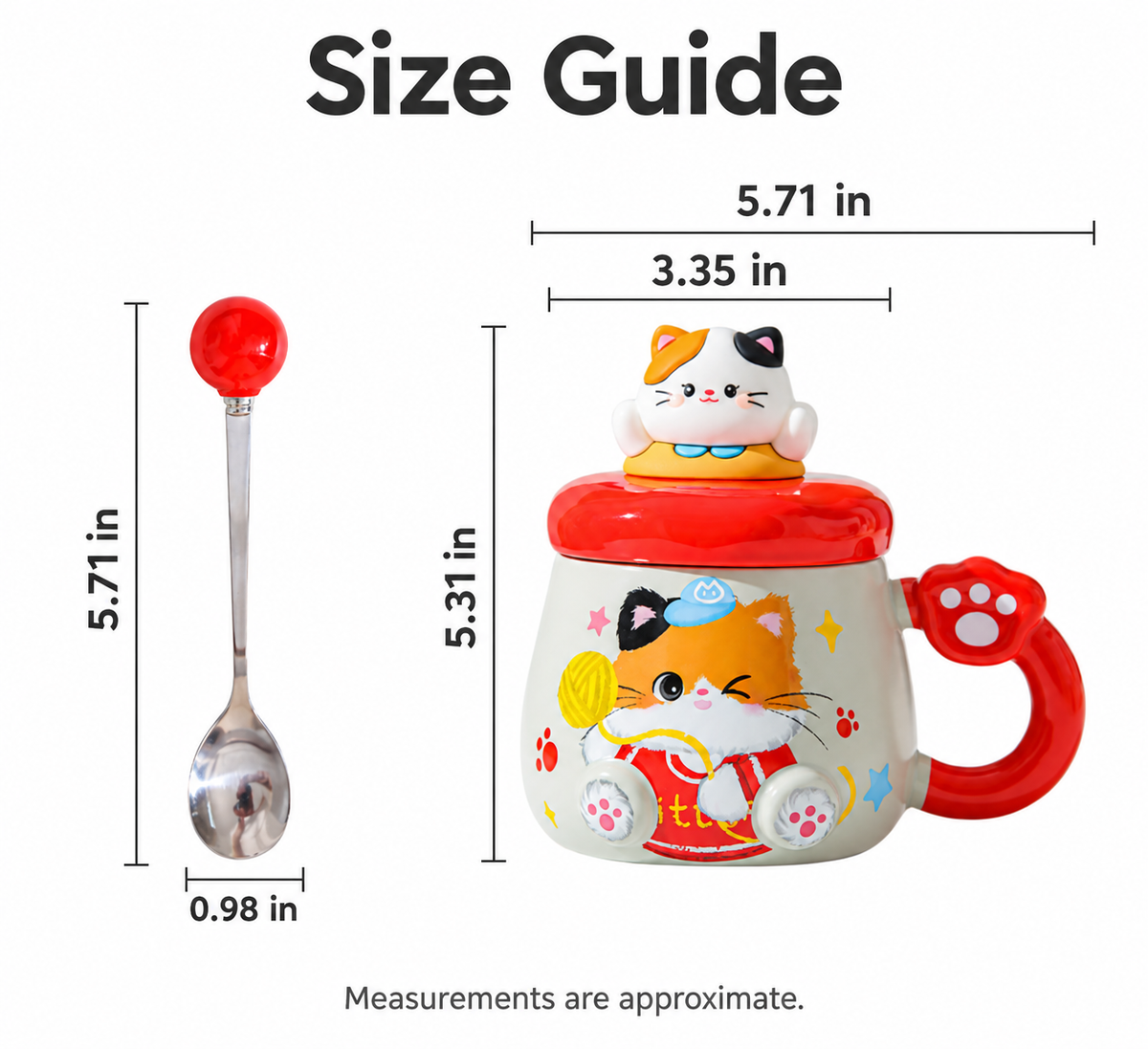 Cat mug and spoon size guide with measurements in inches.