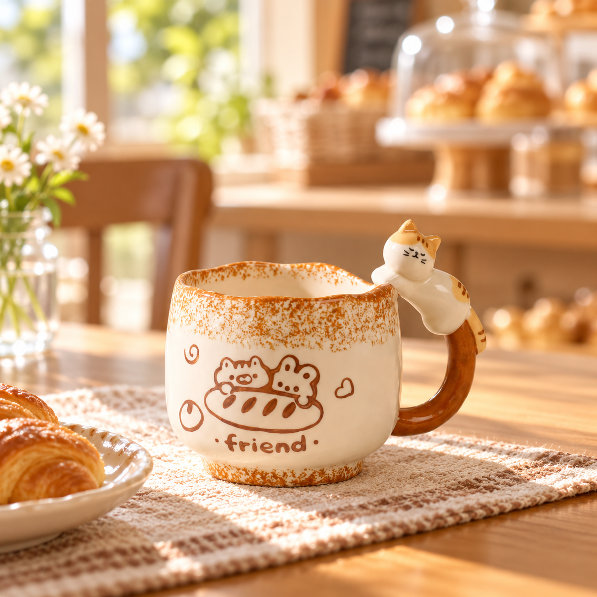 Friend cat mug on a sunny breakfast table beside pastries.