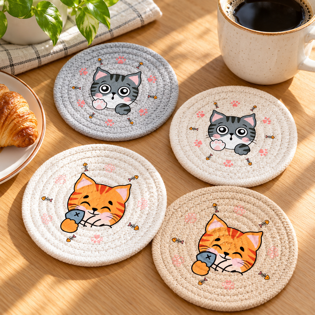 All four cat rope coaster designs on a sunny oak table.