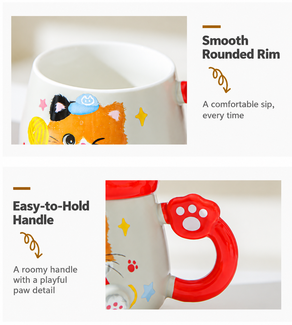 Close-up of the ceramic mug rounded rim and paw-accent handle.