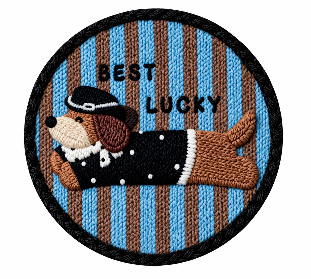Hat Dog design with BEST LUCKY lettering and blue and brown stripes.