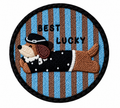 Hat Dog design with BEST LUCKY lettering and blue and brown stripes.