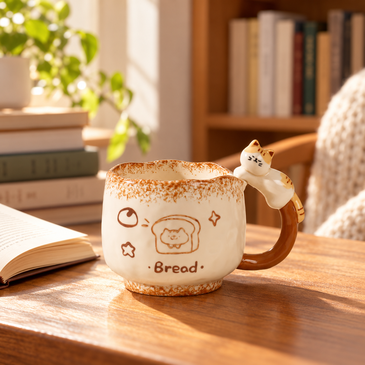 Bread cat mug on a wooden table in a cozy reading corner.