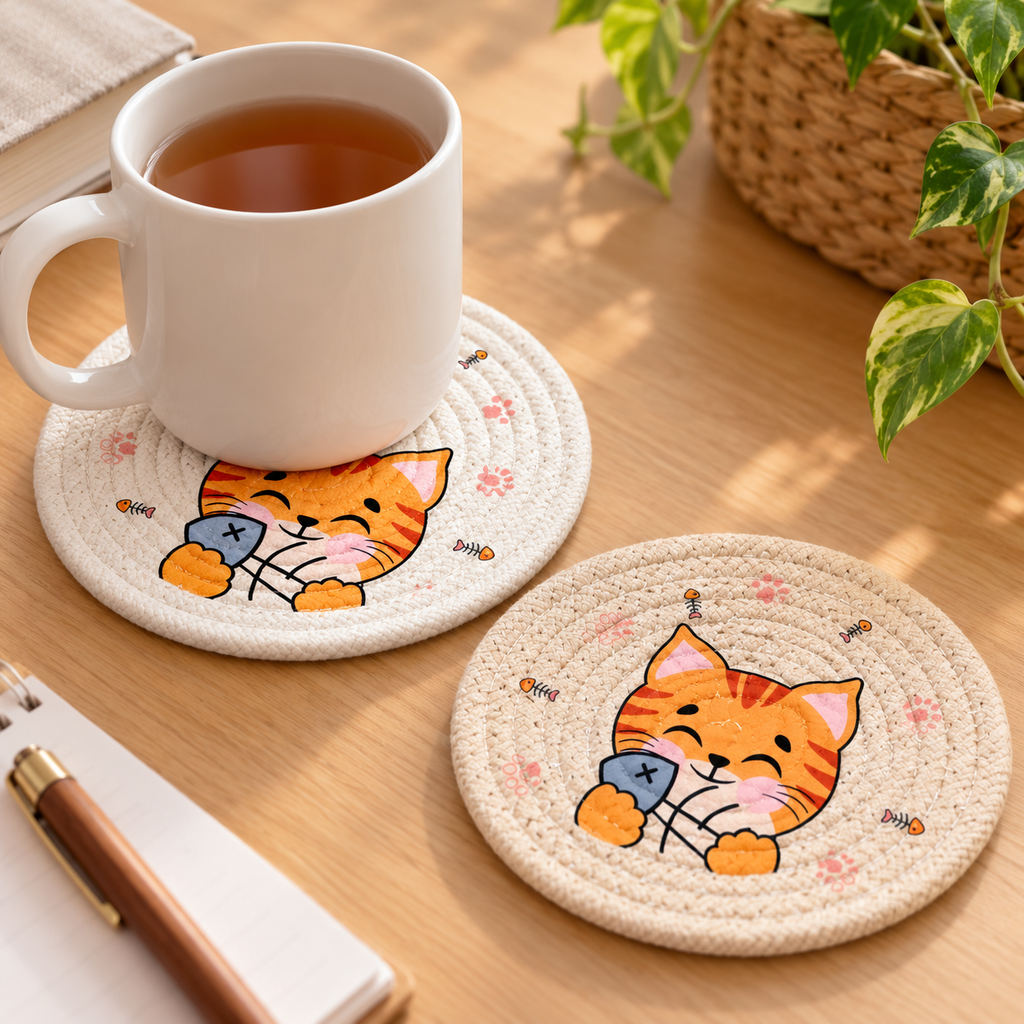 Ivory and khaki orange cat coasters beside a mug.