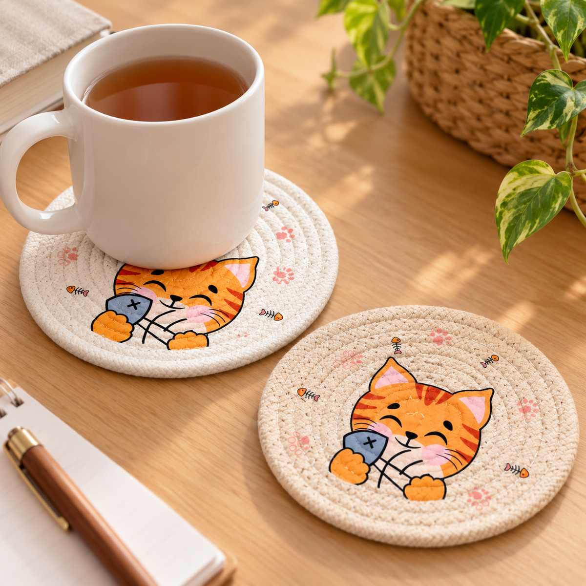 Ivory and khaki orange cat coasters beside a mug.