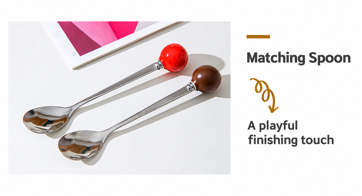 Matching spoons with red and brown decorative ends.