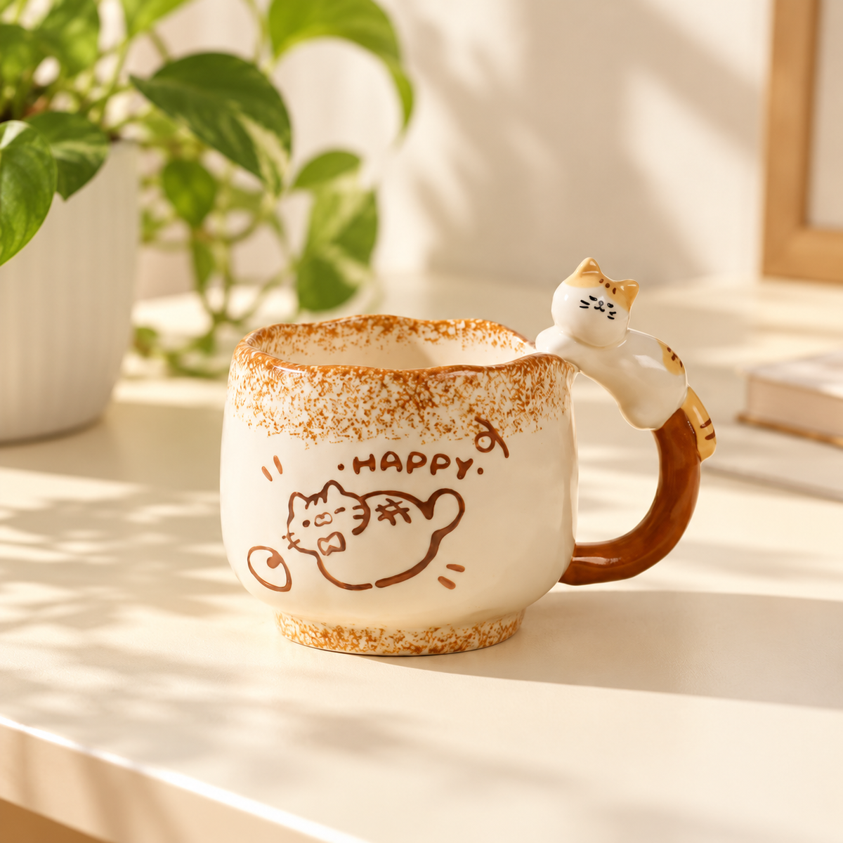 Happy cat mug on a bright cream desk beside a green plant.
