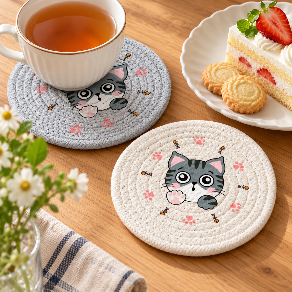 Ivory and light gray cat coasters with tea and dessert.