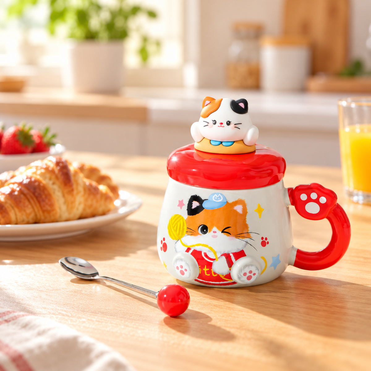 Red ceramic cat mug and spoon on a sunny breakfast table.
