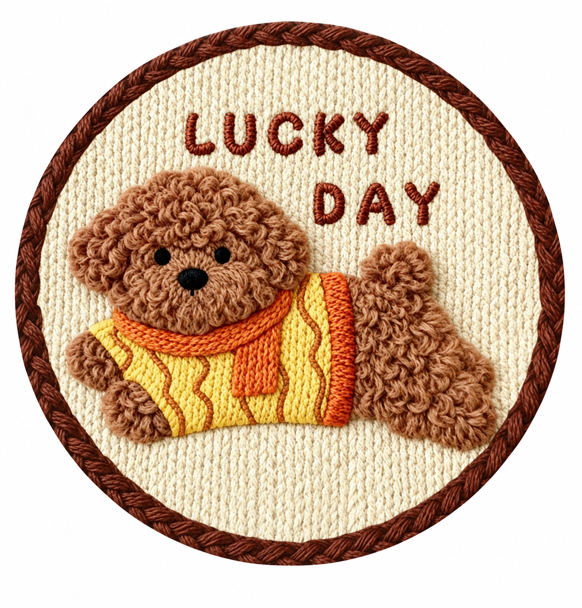 Poodle design in a yellow sweater with LUCKY DAY lettering.