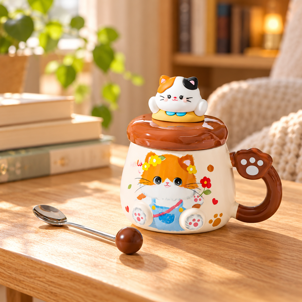 Brown ceramic cat mug and spoon in a cozy reading nook.