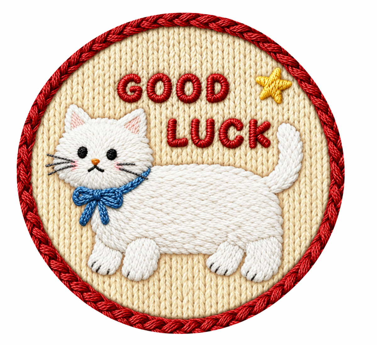 White Cat design with a blue bow and GOOD LUCK lettering.