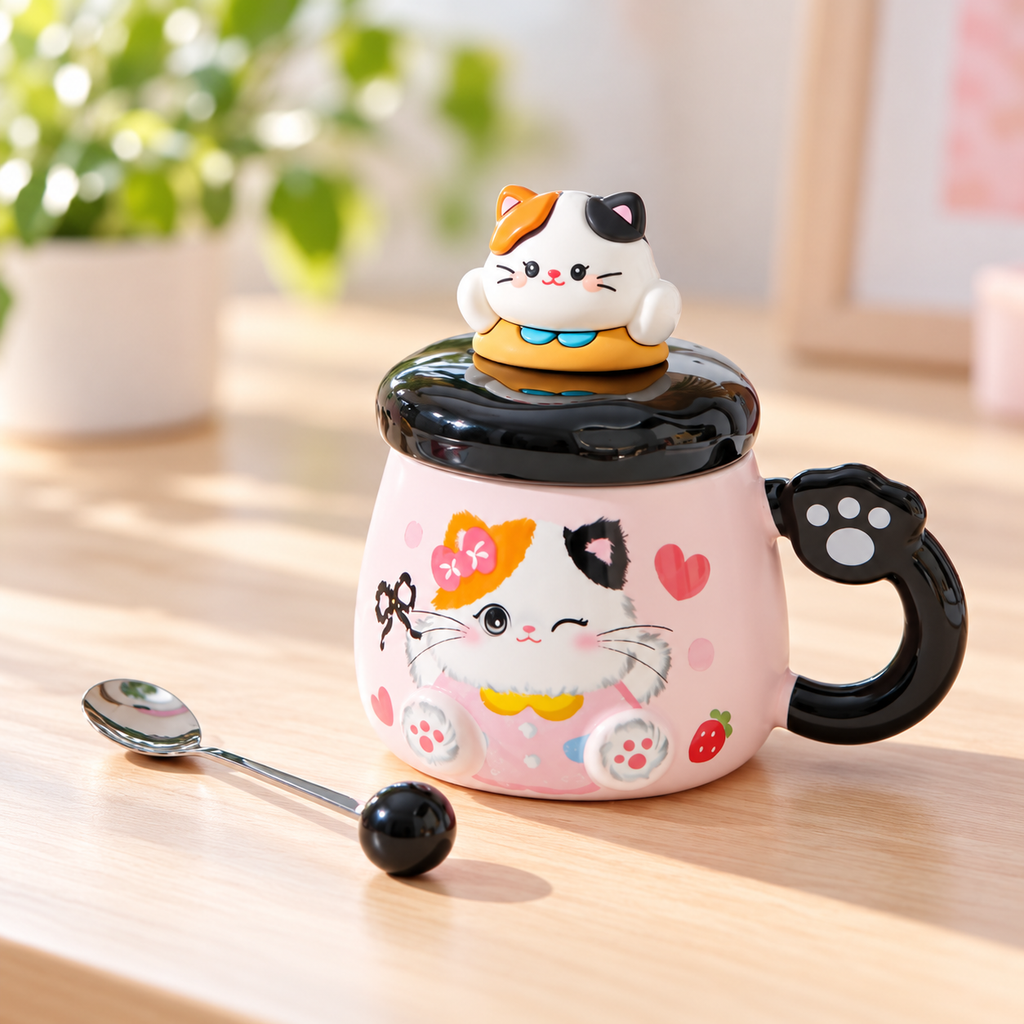 Black-accent ceramic cat mug and spoon on a pastel desk.