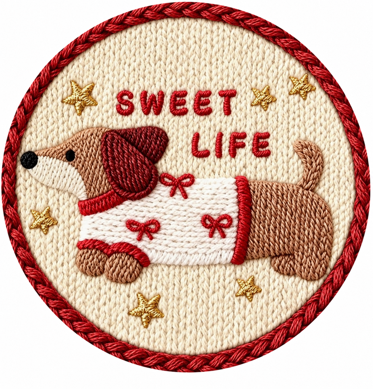 Dachshund design with red accents and SWEET LIFE lettering.