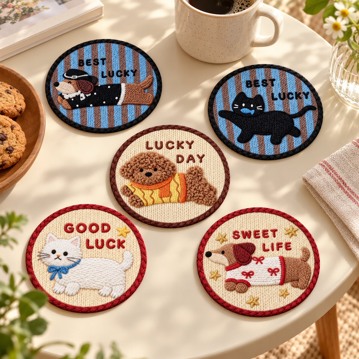 All five knit-look cat and dog coaster designs displayed together.