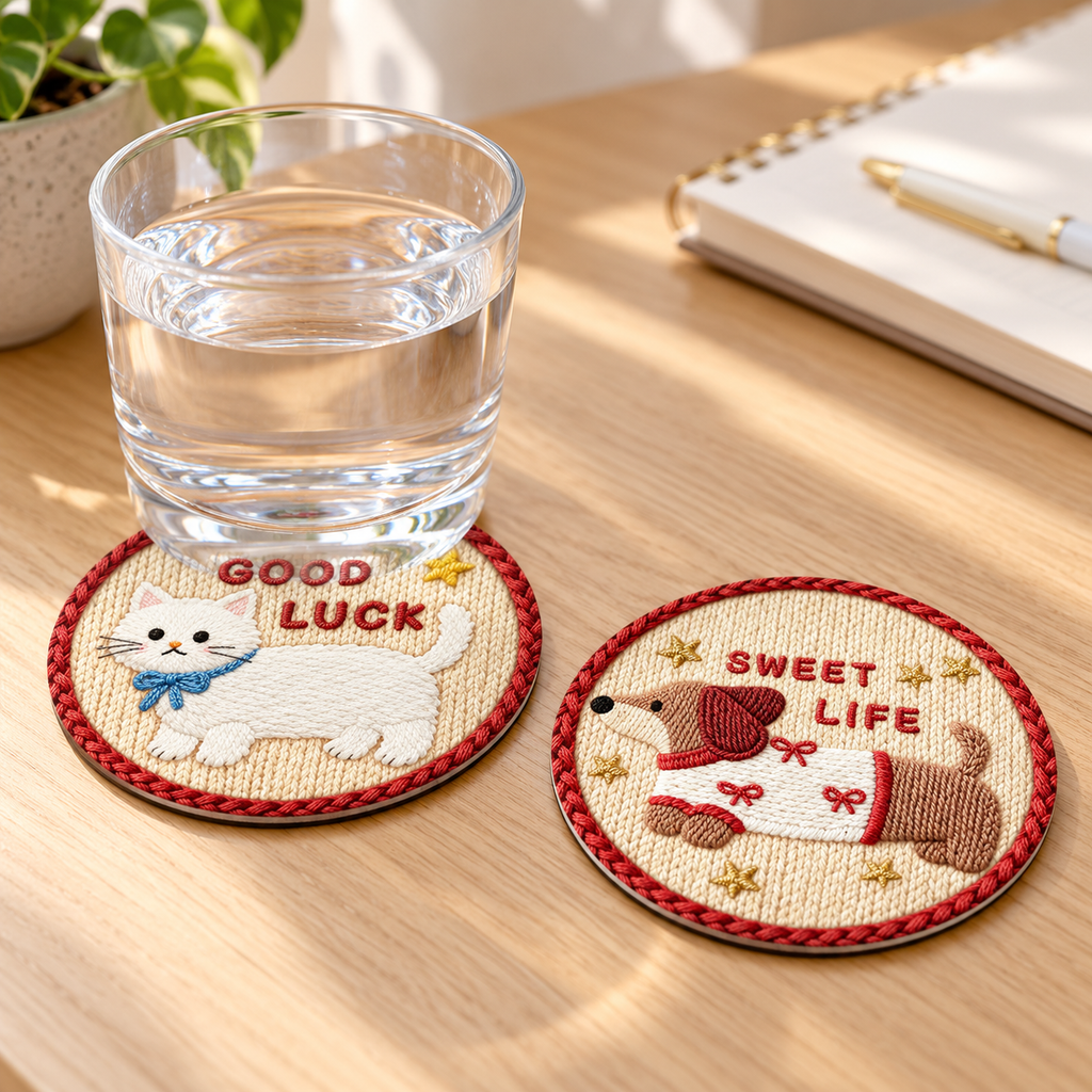 White Cat and SWEET LIFE dachshund coasters on a sunny desk.