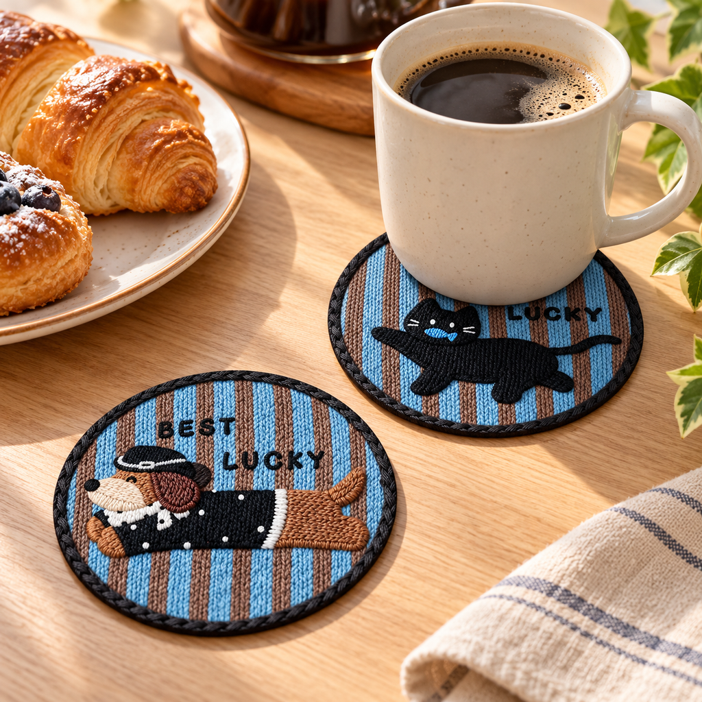 Black Cat and Hat Dog coasters styled with coffee and breakfast.