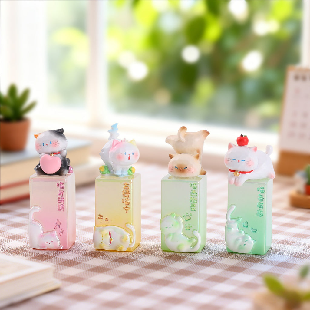Cat Seal Stamp Blind Box – "Carefree Kittens" Resin Stamp Figures with Ink Pad, 8 Designs + Secret