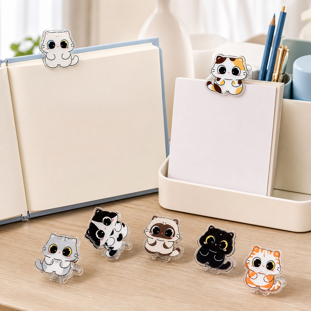 Cute Big-Eyed Cat Double-Sided Clips – Set of 7 Acrylic Note & Snack Clips