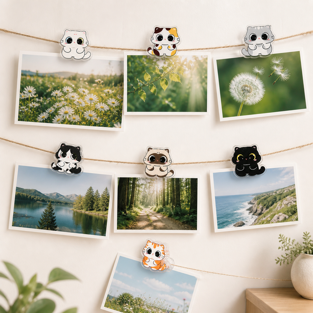 Cute Big-Eyed Cat Double-Sided Clips – Set of 7 Acrylic Note & Snack Clips