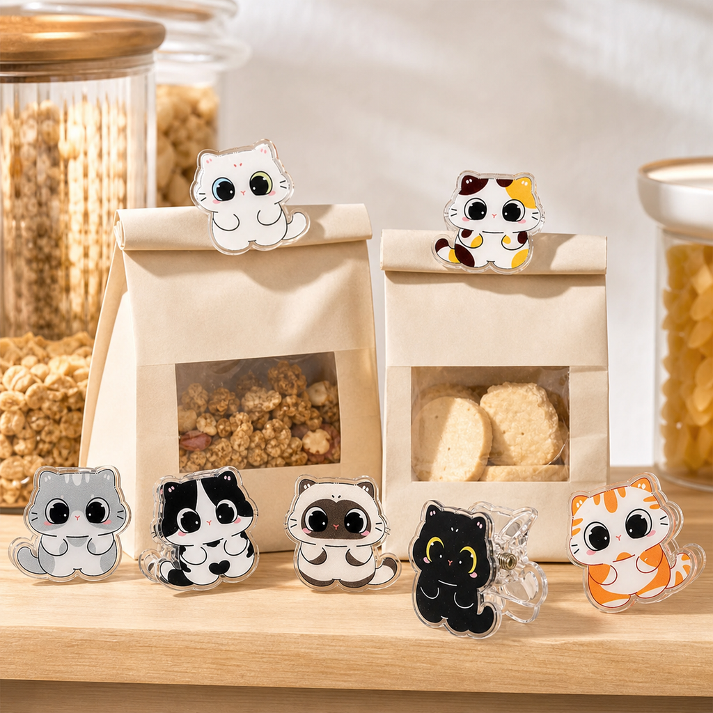 Cute Big-Eyed Cat Double-Sided Clips – Set of 7 Acrylic Note & Snack Clips