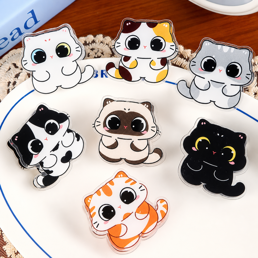 Cute Big-Eyed Cat Double-Sided Clips – Set of 7 Acrylic Note & Snack Clips